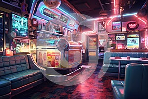 Retro - futuristic diner in the 1980s, complete with neon lights, arcade games, and a menu featuring fusion dishes inspired by