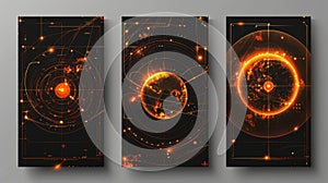 Retro futuristic flyers with orange wireframe torus and globe shapes, black star, line, flower signs decoration