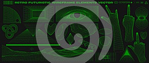 Retro futuristic grid, wireframe, abstract geometry, brutalism, rave design elements collection