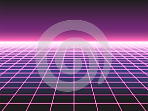 Retro futuristic neon grid background, 80s design perspective distorted plane landscape composed of crossed neon lights or laser photo