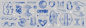 Retro futuristic object set, vector y2k cyberpunk sticker kit, brutalism shape collection, globe.
