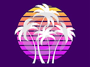 Retro futuristic palm trees in 80s style at sunset. Summer time, palm trees on the background of the sun, synthwave style. Design