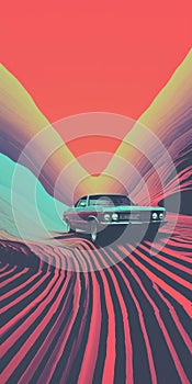 Retro-futuristic Road Trip With Vintage Cars And Bold Shapes photo