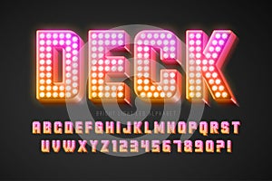 Retro-futuristic show alphabet design, LED lamps letters and numbers