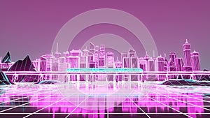 Retro futuristic skyscraper city 1980s style 3d illustration. Digital landscape in a cyber world