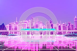 Retro futuristic skyscraper city 1980s style 3d illustration. Digital landscape in a cyber world