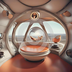 A retro-futuristic space capsule house, replete with round windows and metal paneling