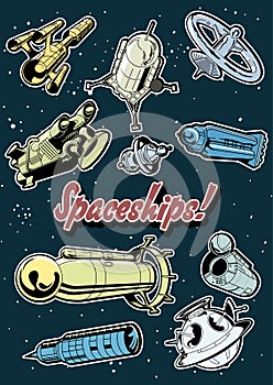 Retro Futuristic Spaceships Sticker Set