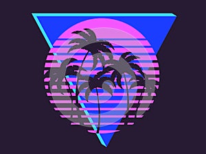 Retro futuristic sunset with palm trees and triangle in 80s style. Sci-fi palm trees at sunset in synthwave and retrowave style.