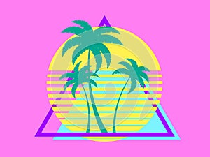 Retro futuristic sunset with palm trees and triangle in 80s style. Sci-fi palm trees at sunset in synthwave and retrowave style.