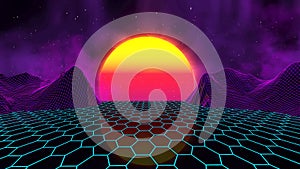 Retro futuristic sunset. Waporwave 80s background disco. Space Neon triangle synthwave digital wireframe landscape.