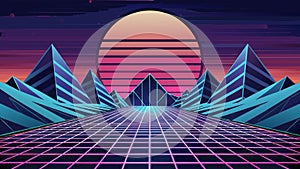 Retro-Futuristic Synthwave Landscape with Neon Grid and Mountains Vector