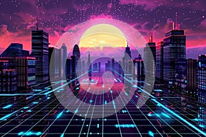 Retro futuristic synthwave retrowave styled night cityscape with sunset on background Ai illustration