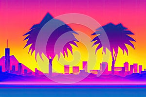 Retro futuristic synthwave retrowave styled night cityscape with sunset on background. Cover for retro wave music. Generative AI