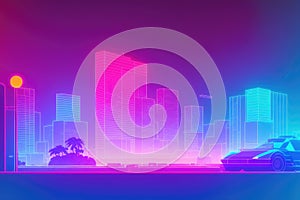 Retro futuristic synthwave retrowave styled night cityscape with sunset on background. Cover for retro wave music. Generative AI