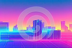 Retro futuristic synthwave retrowave styled night cityscape with sunset on background. Cover for retro wave music. Generative AI