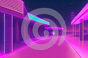 Retro futuristic synthwave retrowave styled night cityscape with sunset on background. Cover for retro wave music. Generative AI