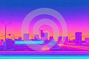 Retro futuristic synthwave retrowave styled night cityscape with sunset on background. Cover for retro wave music. Generative AI