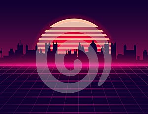 Retro futuristic synthwave retrowave styled night cityscape with sunset on background. Neon sunset style 80. Retro wave