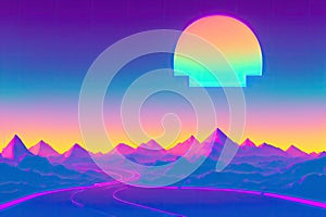 Retro futuristic synthwave retrowave styled night mountains with sunset on background. Cover for retro wave music. Generative AI