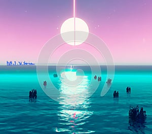 Retro futuristic synthwave retrowave styled, Vaporwave, 80s cyberpunk style.Synthwave landscape.Minimal template for poster