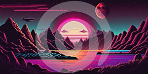 Retro futuristic synthwave retrowave styled, Vaporwave, 80s cyberpunk style.Synthwave landscape.Minimal template for poster