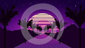 Retro futuristic tropical road with mountains, sunset and palm trees. Retrowave and synthwave style illustration of road, sun