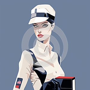Retro Futuristic Woman Patriotic Pin-up With Black Gloves And White Cap