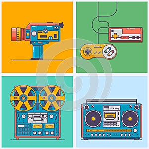 Retro gadgets from 90s in flat line style. Vintage game console, camcorder, tape player,boombox. Game and media tech