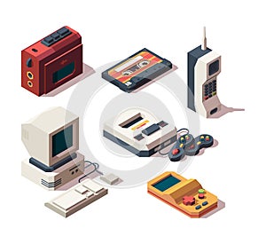 Retro gadgets. Computer camera telephone vhs player game console portable old devices vector isometric