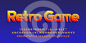 Retro Game alphabet font. Pixel letters, numbers and punctuations. Uppercase and lowercase.