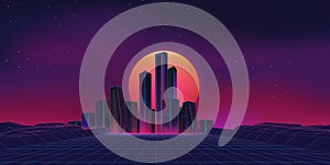 Retro game city, sci fi background. Futuristic 80s neon landscape, virtual grid, 90s future waves, 1980s synthwave style