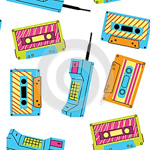 Retro game devices seamless pattern. 90s cartoon doodle style vintage video gadgets, audio cassette endless background