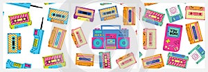 Retro game devices seamless pattern. 90s cartoon doodle style vintage video gadgets, audio cassette endless background
