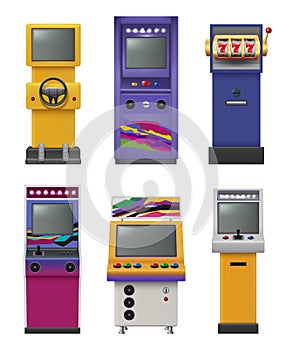 Retro game machines. Arcade slot and gambling machines decent vector computer gaming