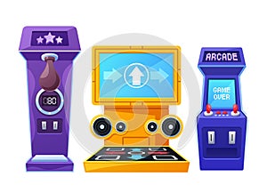 Retro Game Machines, Nostalgic Gaming Consoles That Revive Classic Titles, Featuring Pixelated Graphics, Vector