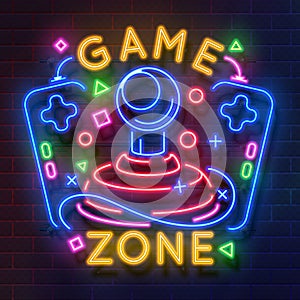 Retro game neon sign. Video games night light symbol, glowing gamer poster, gaming club banner. Vector retro neon flyer photo