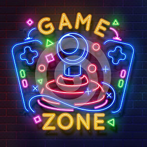 Retro game neon sign. Video games night light symbol, glowing gamer poster, gaming club banner. Vector retro neon flyer