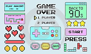 Retro game object set. Set of game user interface elements, pixel style, retro games, picel coin, stars. Design concept for