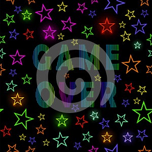Retro Game Over Neon Sign on Starry Background. Gaming Concept. Video Game Screen.