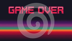 Retro Game Over pixel art text with vibrant colors gradient on dark. Dithering vector background.