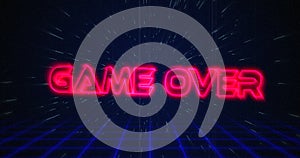 Retro Game over text glitching over blue and red squares on white hyperspace effect