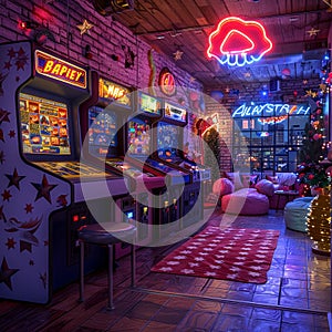 Retro game room with vintage arcade machines and a neon sign