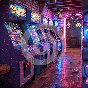 Retro game room with vintage arcade machines and a neon sign