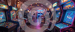 Retro game room with vintage arcade machines and a neon sign