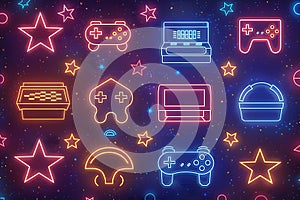 Retro Gaming Neon Icons Arcade, Consoles, Controllers, Stars