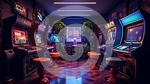 A retro gaming room with arcade cabinets and neon signs