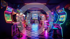 A retro gaming room with arcade cabinets and neon signs