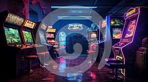 A retro gaming room with arcade cabinets and neon signs