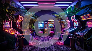 A retro gaming room with arcade cabinets and neon signs